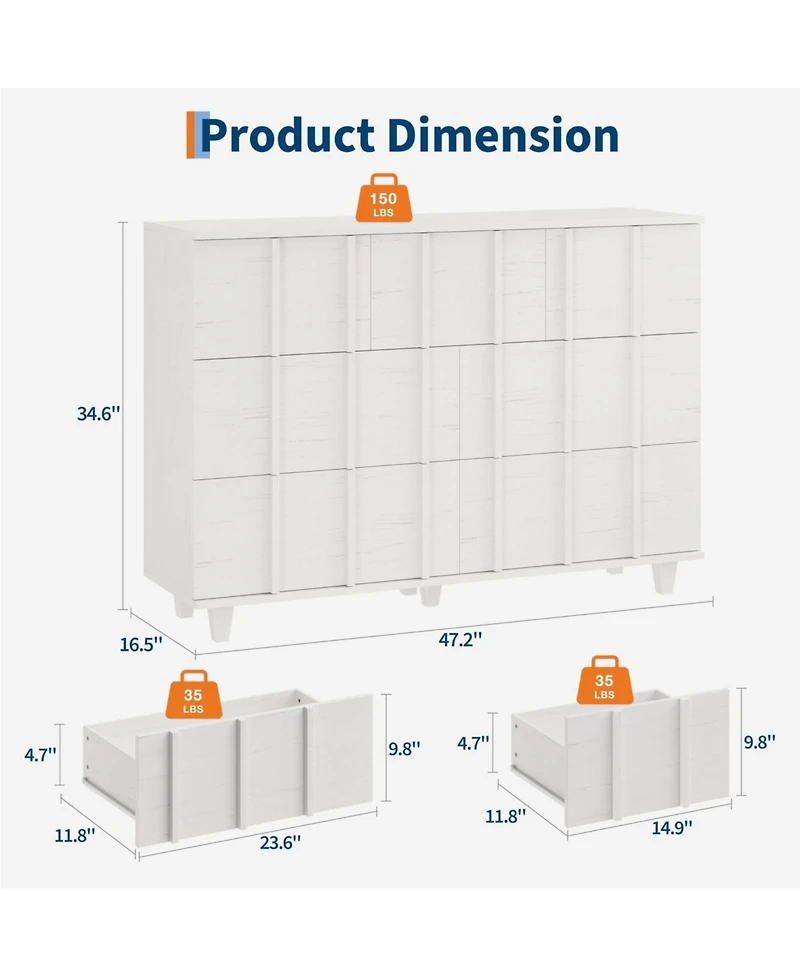 Modern Minimalist Wide Fluted Dresser Chest Of Drawers - 7 Drawer Clothing Storage Cabinet For Bedroom Small Space Nursery Living Room Or Entryway