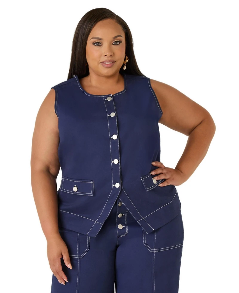 Ashley Stewart Plus Tailored Twill Boyfriend Vest