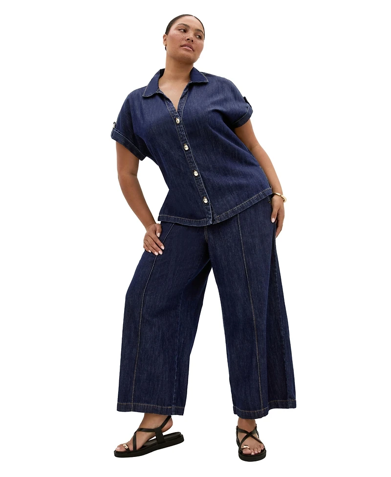 City Chic Plus Tilly High-Rise Wide-Leg Elastic-Back Cotton Denim Pants