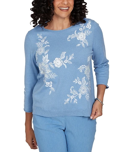 Alfred Dunner Women's Provence Lacey Floral Embroidered Sweater