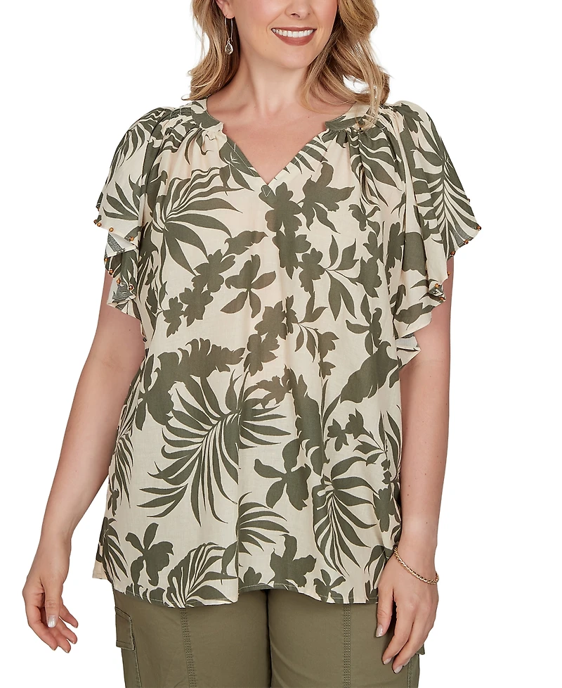 Ruby Rd. Plus Size Tropical Print Gauze Flutter-Sleeve Top