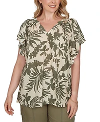Ruby Rd. Plus Size Tropical Print Gauze Flutter-Sleeve Top