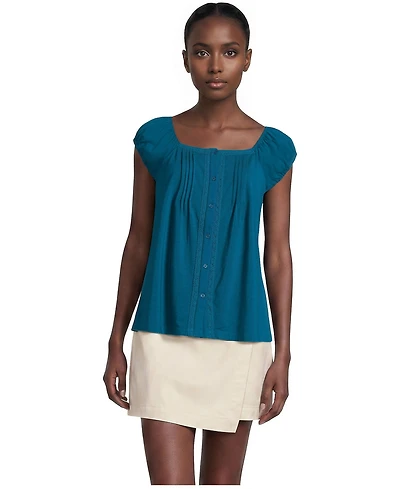 Lands' End Women's Sleeveless Lightweight Jersey Pintuck Button Front Blouse