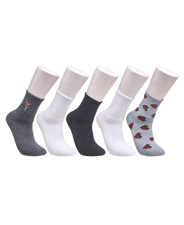 Ed Hardy Women's Rose Print Full Cushion Crew Socks, 5-Pack