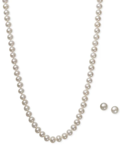 White Cultured Freshwater Pearl (6mm) Necklace and Matching Stud (7-1/2mm) Earrings Set Sterling Silver
