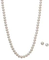 White Cultured Freshwater Pearl (6mm) Necklace and Matching Stud (7-1/2mm) Earrings Set Sterling Silver
