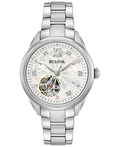 Bulova Women's Automatic Diamond Accent Stainless Steel Bracelet Watch 34mm 96P181