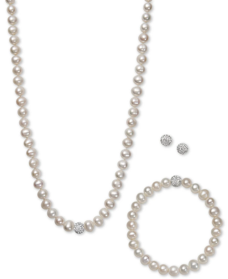 White, Gray or Pink Cultured Freshwater Pearl (7mm) & Crystal Collar Jewelry Set