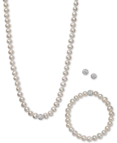 White, Gray or Pink Cultured Freshwater Pearl (7mm) & Crystal Collar Jewelry Set