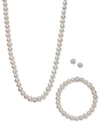 White, Gray or Pink Cultured Freshwater Pearl (7mm) & Crystal Collar Jewelry Set