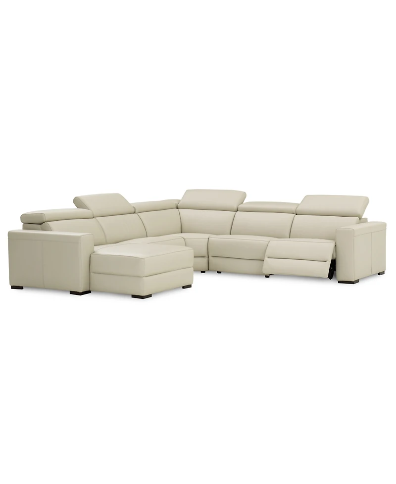 Nevio 124" 5-pc Leather Sectional Sofa with Chaise, 1 Power Recliner and Articulating Headrests, Created for Macy's
