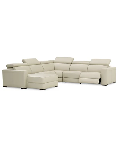 Nevio 124" 5-pc Leather Sectional Sofa with Chaise, 1 Power Recliner and Articulating Headrests, Created for Macy's