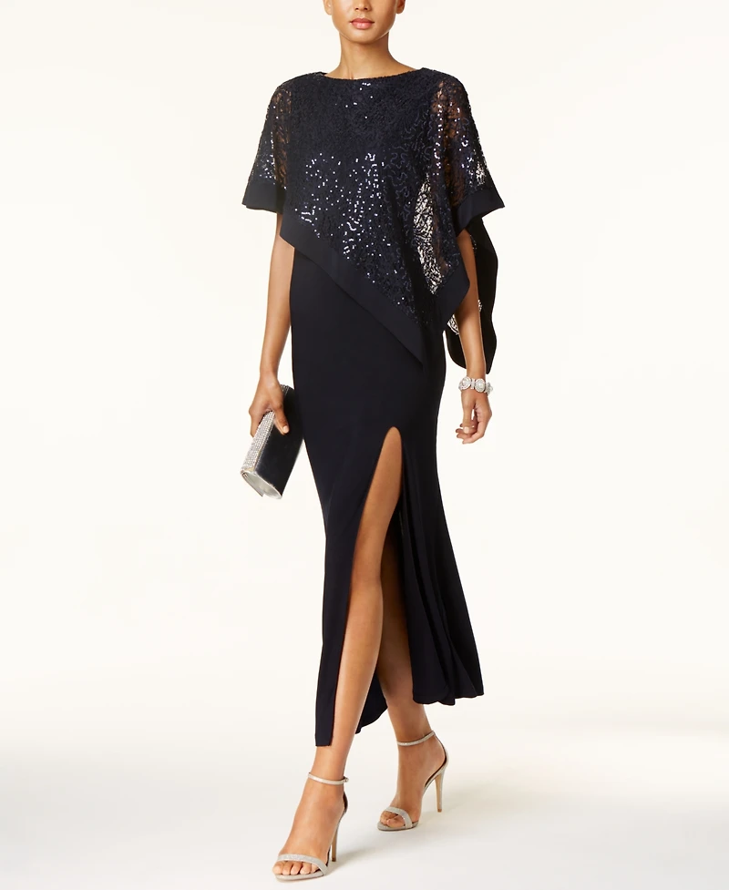R & M Richards Sequined Lace Cape Gown