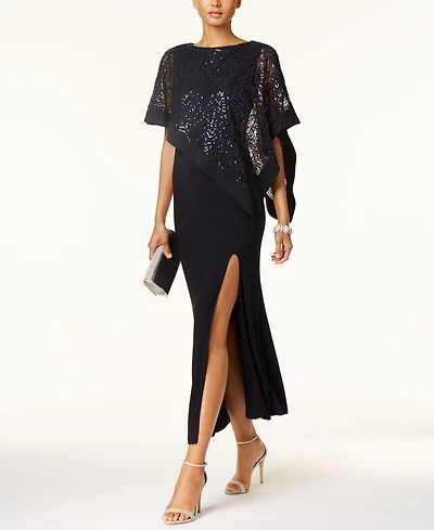 R & M Richards Sequined Lace Cape Gown