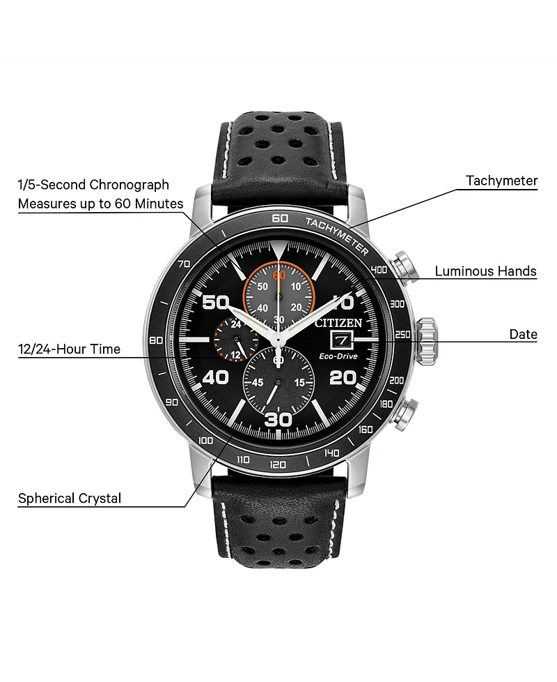 Citizen Eco-Drive Men's Chronograph Black Leather Strap Watch 44mm