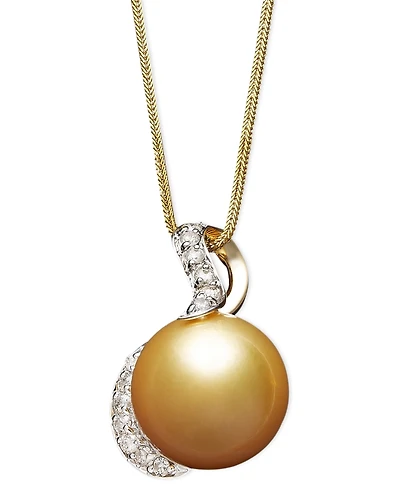 14k Gold Necklace, Cultured Golden South Sea Pearl (13mm) and Diamond (1/3 ct. t.w.) Pendant