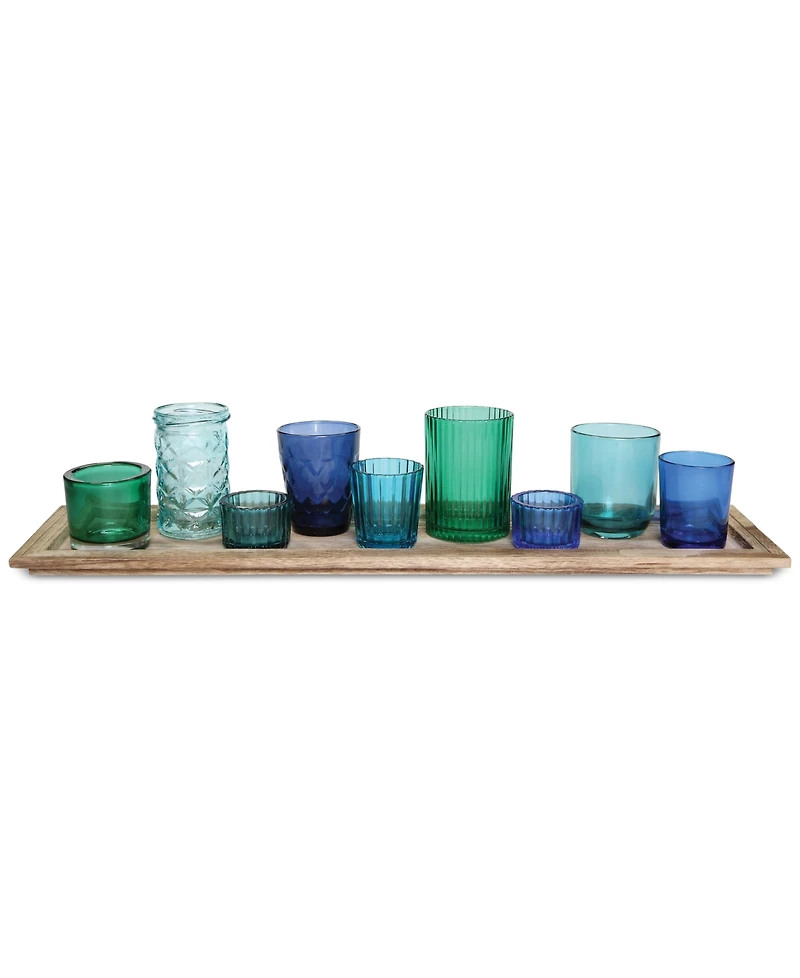 3R Studio 10-Pc. Wood Tray & Green Glass Votive Holders