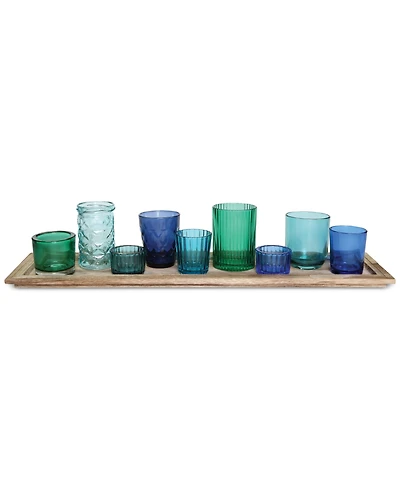 3R Studio 10-Pc. Wood Tray & Green Glass Votive Holders