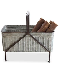 Storied Home Galvanized Metal Storage Bucket on Stand with Handle and Distressed Finish