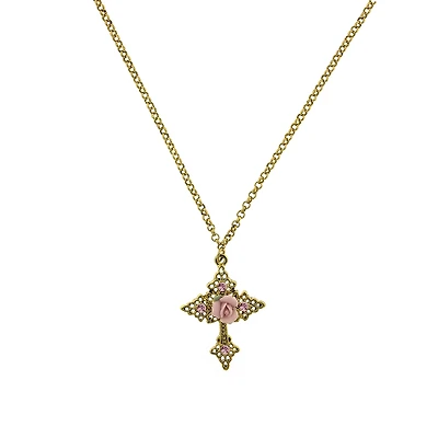 2028 Gold-Tone Pink Crystal Cross and Pink Porcelain Rose Filigree Necklace 16" Adjustable