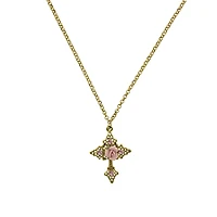 2028 Gold-Tone Pink Crystal Cross and Pink Porcelain Rose Filigree Necklace 16" Adjustable