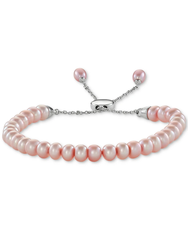 White Cultured Freshwater Pearl (6-1/2mm) Bolo Bracelet Sterling Silver (Also Gray or Pink Pearl)