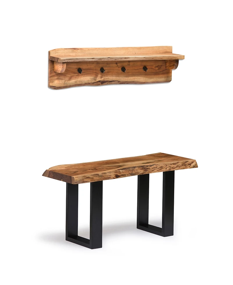 Alpine Natural Live Edge 36" Bench With Coat Hook Shelf Set