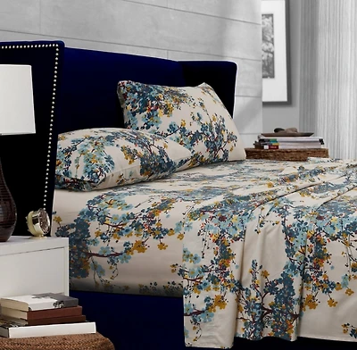 Tribeca Living Casablanca 300 Thread Count Floral Printed Extra Deep Pocket Sheet Set, Queen