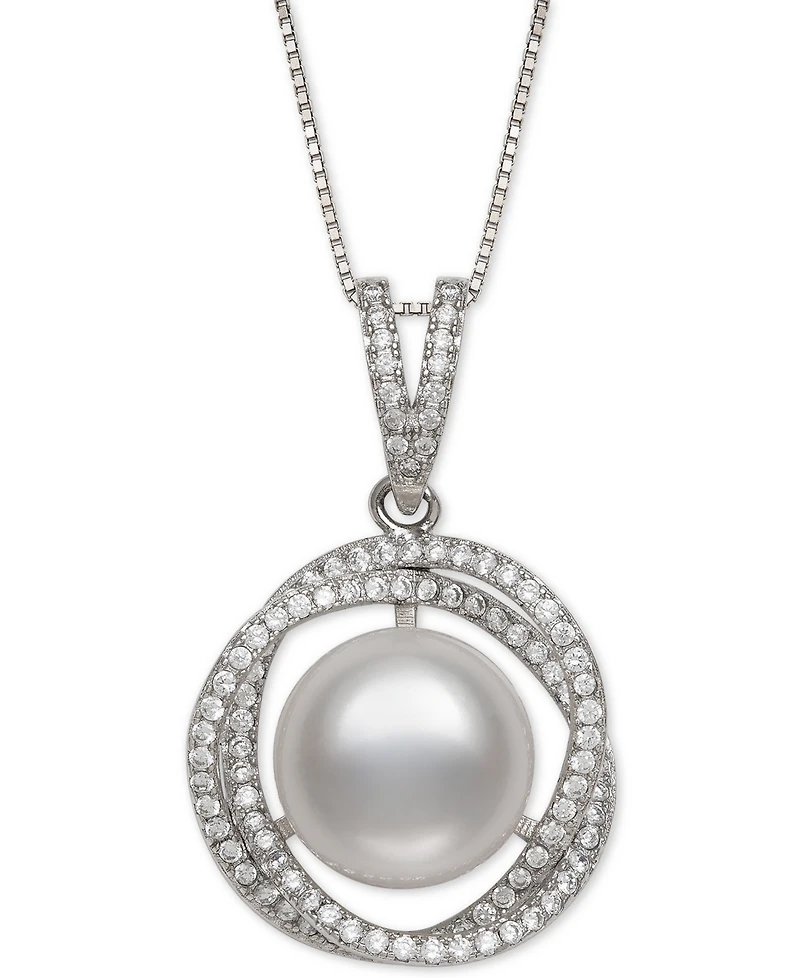 Cultured Freshwater Pearl (11mm) & Cubic Zirconia 18" Pendant Necklace in Sterling Silver