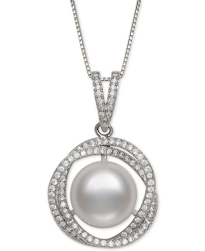 Cultured Freshwater Pearl (11mm) & Cubic Zirconia 18" Pendant Necklace in Sterling Silver