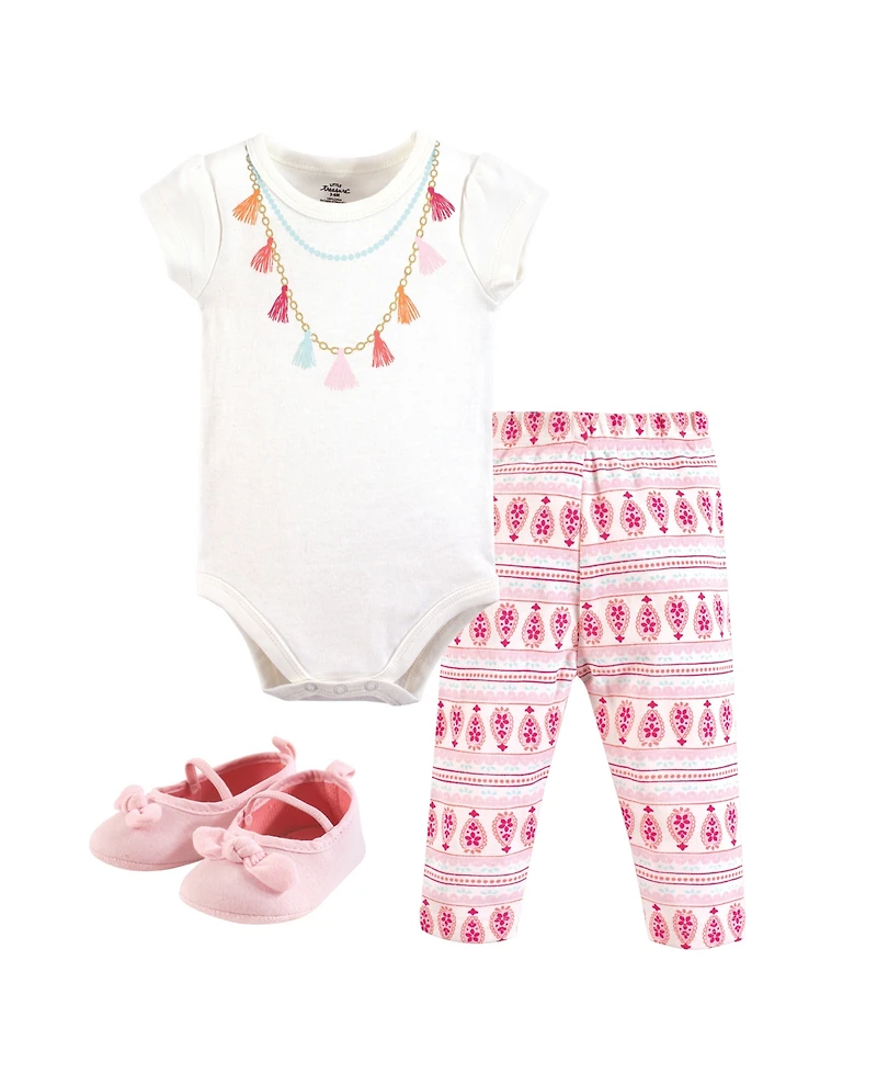 Little Treasure Baby Girls One's Cotton Outfit Set Bodysuit, Pants, and Matching Shoes