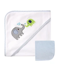 Luvable Friends Hooded Towel with Washcloths, Blue Elephants, One Size