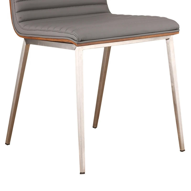 Cafe Brushed Stainless Steel Dining Chair Gray Artificial leather with Walnut Back - Set of 2