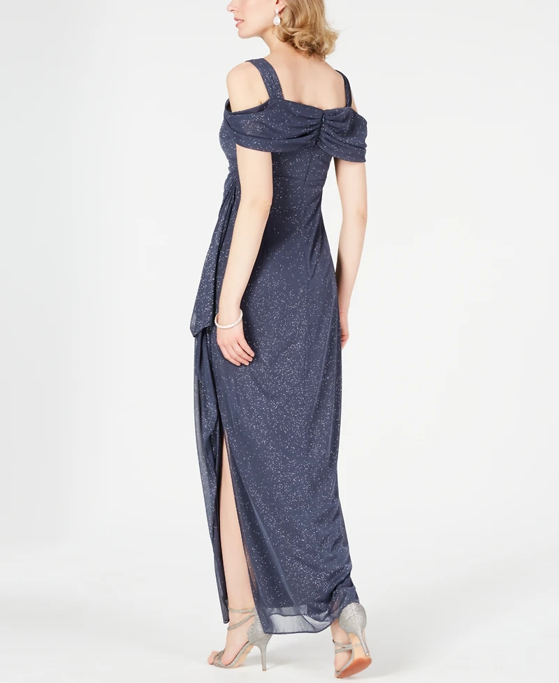 Alex Evenings Petite Cold-Shoulder Draped Metallic Gown
