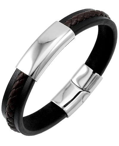 Sutton Stainless Steel Two-Tone Leather Bracelet With Braided Stripe Detail