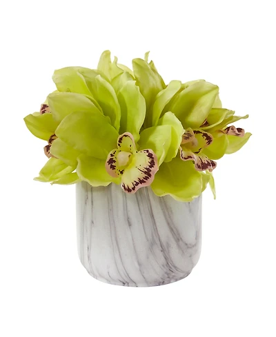 Nearly Natural Cymbidium Orchid Artificial Arrangement in Marble Vase