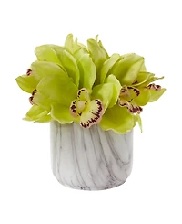 Nearly Natural Cymbidium Orchid Artificial Arrangement in Marble Vase