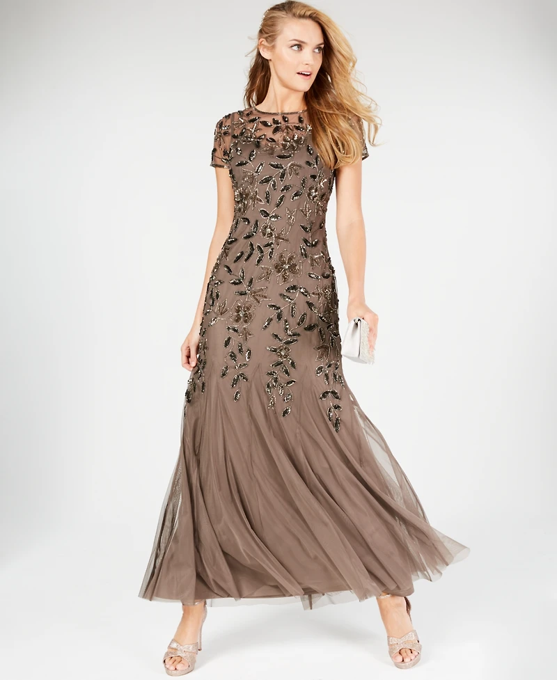 Adrianna Papell Floral-Beaded Gown