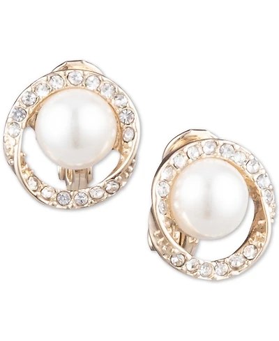 Anne Klein Gold-Tone Pave & Imitation Pearl Halo E-z Comfort Clip-On Button Earrings