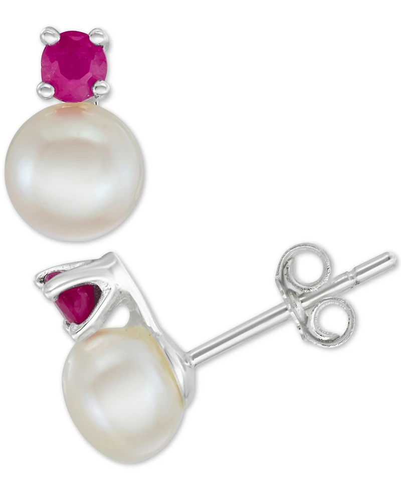 Cultured Freshwater Pearl (6mm-7mm) & Sapphire (1/2 ct. t.w.) 18" Pendant Necklace Stud Earrings Set Sterling Silver