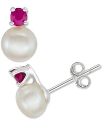 Cultured Freshwater Pearl (6mm-7mm) & Sapphire (1/2 ct. t.w.) 18" Pendant Necklace Stud Earrings Set Sterling Silver