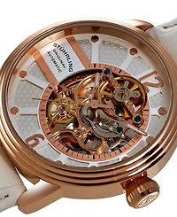 Stuhrling Stainless Steel Rose Tone Case on White Perforated Alligator Embossed Genuine Leather Strap with Gray Contrast Stitching, Silver Skeletonize