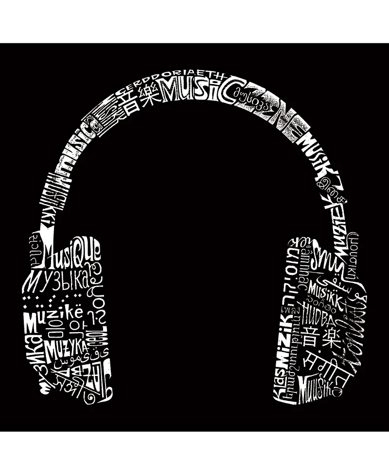 La Pop Art Mens Word T-Shirt - Headphones Music Different Languages