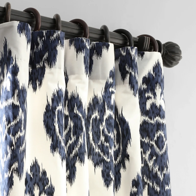Half Price Drapes Ikat Blue Damask Printed Cotton Room Darkening Curtain