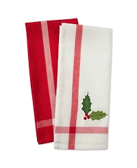 Design Imports Stripe Holly Mistletoe Holiday embroidered Dishtowel Set