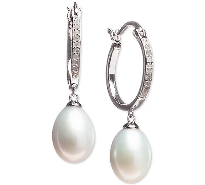Cultured Freshwater Pearl (7 x 9mm) & Diamond (1/10 ct. t.w.) Hoop Drop Earrings in Sterling Silver