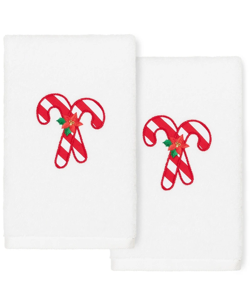 Linum Home Christmas Candy Canes Embroidered 100% Turkish Cotton 2-Pc. Hand Towel Set