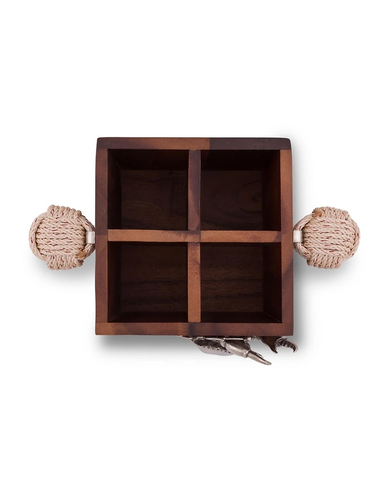 Vagabond House Caddy Square Acacia Wood Flatware, Serve Ware, Utensil, Carry-All Holder with Solid Pewter Crab Accent and Real Rope Handles, 4 Compart
