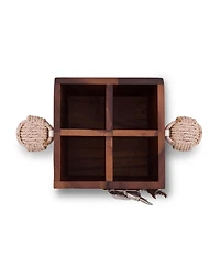 Vagabond House Caddy Square Acacia Wood Flatware, Serve Ware, Utensil, Carry-All Holder with Solid Pewter Crab Accent and Real Rope Handles, 4 Compart