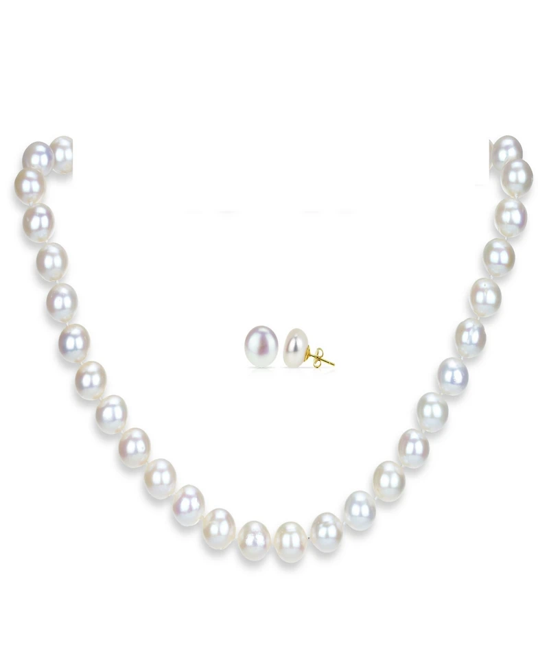 White Freshwater Cultured Pearl (11-11.5 mm) Strand Necklace and Stud Earrings Set in 14k Yellow Gold
